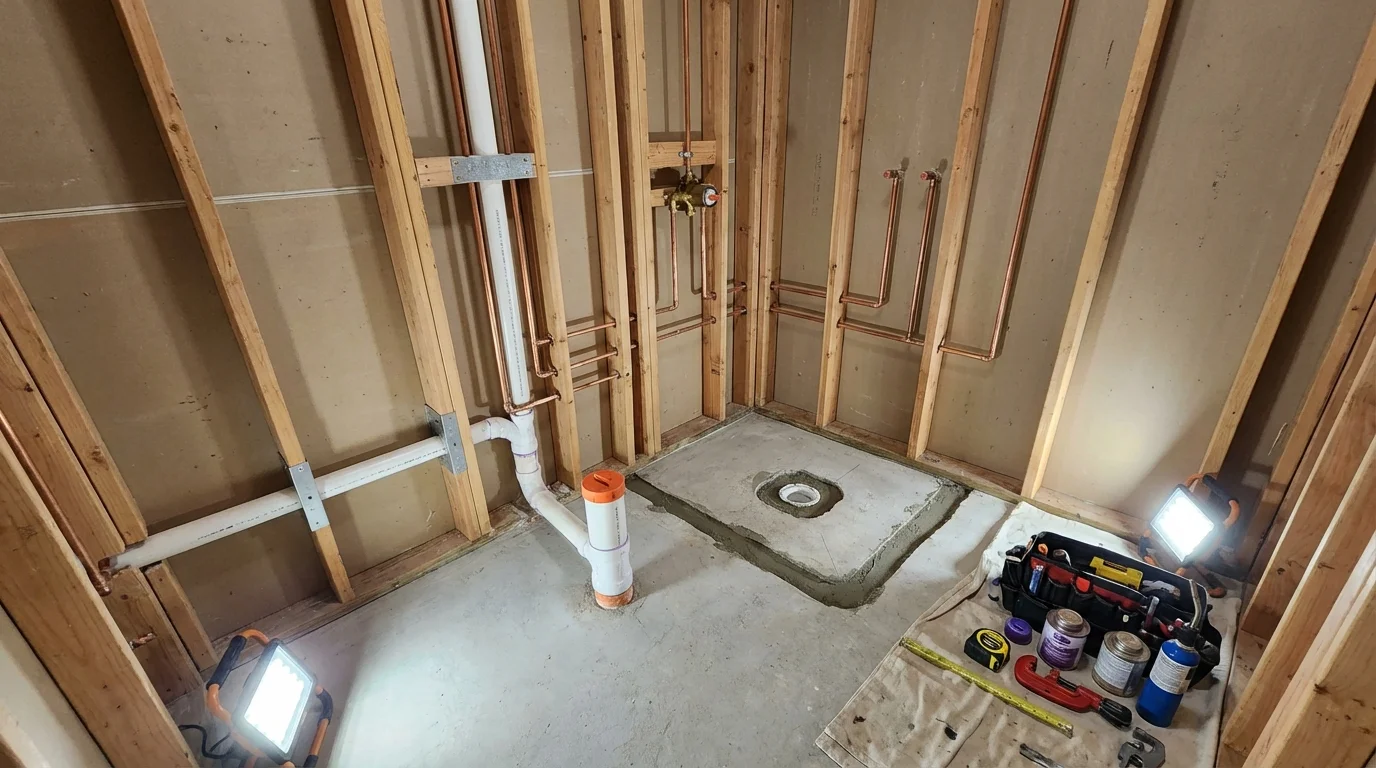 Bathroom rough-in plumbing during remodel by Johns Plumbing LLC in Tower City