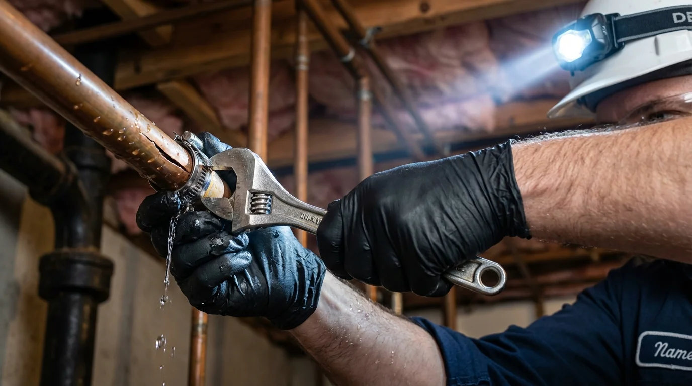 Emergency pipe clamp repair being performed by a Johns Plumbing LLC plumber in Tower City