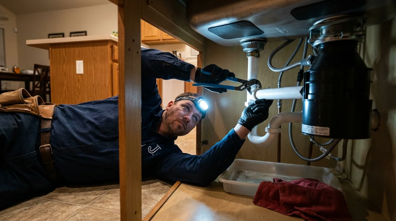 P-trap and supply line connections under a kitchen sink showing a common leak point in Tower City, PA